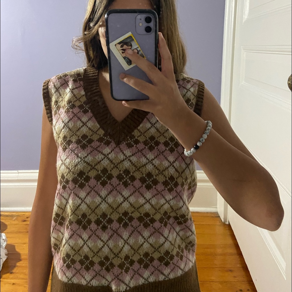 Pink and Brown sweater vest.